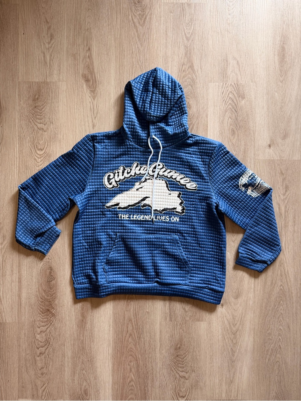 Blue Graphic Hoodie Men’s Textured Waffle Knit Pullover Sweatshirt Streetwear